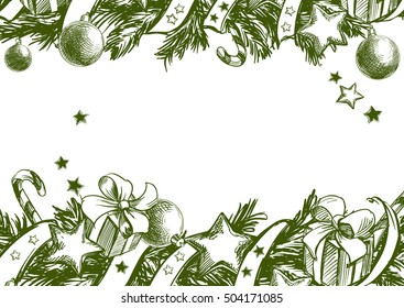 Christmas background, christmas tree,  Christmas decorations with fir twigs and christmas  balls hand drawn vector llustration realistic sketch