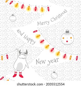 Christmas background with Christmas tree decorations and garland. Seamless pattern with a bull in red felt boots, balls and trees. Merry christmas and happy new year greeting card.
