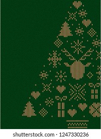 Christmas background. Christmas tree with decorations. Christmas greeting card template with wishes Merry Christmas and Happy New Year. Vector illustration.