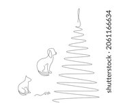 Christmas background with tree and dog, cat, mouse vector illustration