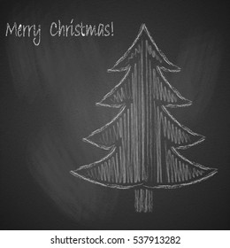 Christmas background with Christmas tree drawn with chalk on black chalkboard. Vector illustration