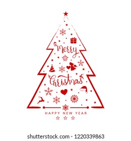 Christmas background with tree element icons banner, snowflakes. Vector illustration