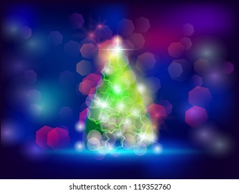 Christmas background. Christmas tree with flashlights in the darkness. Vector illustration.