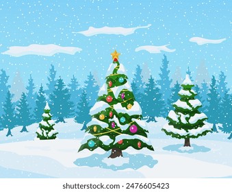 Christmas background. Christmas tree with garlands and balls. Winter landscape with fir trees forest and snowing. Happy new year celebration. New year xmas holiday. Vector illustration flat style