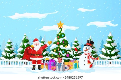 Christmas background. Christmas tree garlands balls gift boxes santa and snowman. Winter landscape fir trees forest snowing. New year celebration happy xmas holiday. Vector illustration flat style