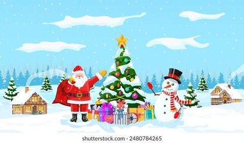 Christmas background. Christmas tree garlands balls gift boxes santa and snowman. Winter landscape fir trees forest snowing. New year celebration happy xmas holiday. Vector illustration flat style