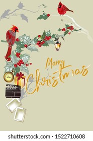 Christmas background with Christmas tree garlands, decorated with birds, Red Cardinal, ribbons, lights. Hand drawn vector illustration.