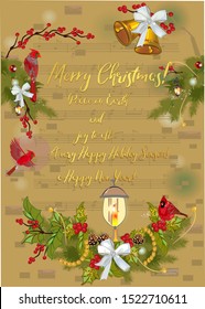 Christmas background with Christmas tree garlands, decorated with birds, Red Cardinal, ribbons, lights. Hand drawn vector illustration.