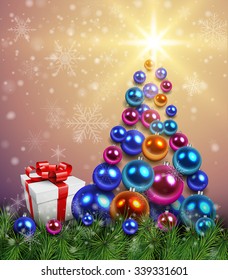 Weihnachtshintergrund mit Weihnachtsbaum, Geschenkbox und glänzenden Bälle. Vektorgrafik.
