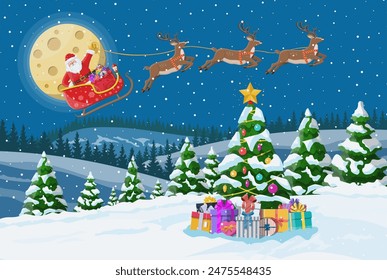 Christmas background. Tree gift boxes, santa claus rides reindeer sleigh. Night winter landscape fir trees forest fullmoon snowing. New year celebration xmas holiday. Vector illustration flat style