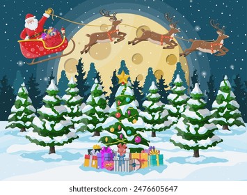 Christmas background. Tree gift boxes, santa claus rides reindeer sleigh. Night winter landscape fir trees forest fullmoon snowing. New year celebration xmas holiday. Vector illustration flat style