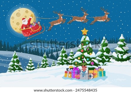 Christmas background. Tree gift boxes, santa claus rides reindeer sleigh. Night winter landscape fir trees forest fullmoon snowing. New year celebration xmas holiday. Vector illustration flat style