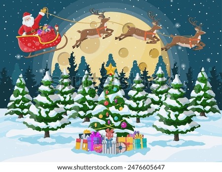 Christmas background. Tree gift boxes, santa claus rides reindeer sleigh. Night winter landscape fir trees forest fullmoon snowing. New year celebration xmas holiday. Vector illustration flat style