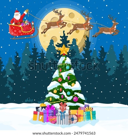 Christmas background. Tree gift boxes, santa claus rides reindeer sleigh. Night winter landscape fir trees forest fullmoon snowing. New year celebration xmas holiday. Vector illustration flat style