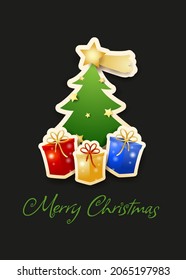 Christmas background with tree, gift and calligraphic text. Vector illustration eps10