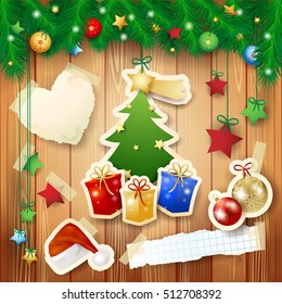Christmas background with tree, gifts and paper elements. Vector illustration 