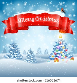 Christmas Background with Tree, Gifts, Ribbon, Snowflakes and Bullfinch on Snowy background. Vector Template for Cover, Flyer, Brochure, Greeting Card.