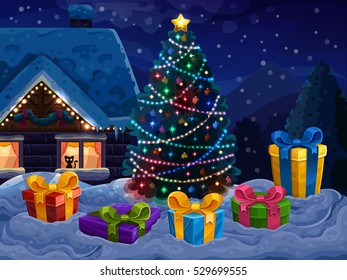 Christmas background with Christmas tree and gifts.. Vector illustration