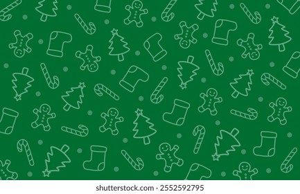 Fundo de Natal com árvore de natal, homem de gengibre, meia e doce bengala padrão ícones. As ilustrações são feitas em estilo desenhado à mão com fundo de cor verde
