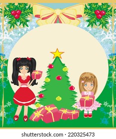 Christmas background with Christmas tree and girls with gifts