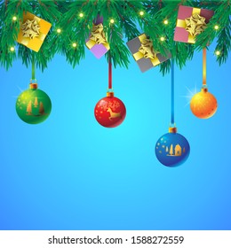 Christmas background Christmas tree glass balls garland gifts packaging on isolated background. Vector image eps 10