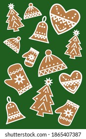 Christmas background tree hat cookies bells gloves 