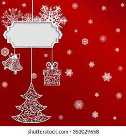 Christmas background with christmas tree, heart and bells on red
