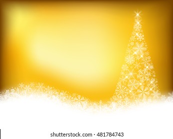 Christmas background. Christmas tree made of fluffy snowflakes on golden  background.