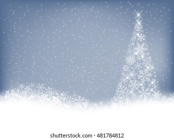 Christmas background. Christmas tree made of fluffy snowflakes on soft blue background with falling snow.