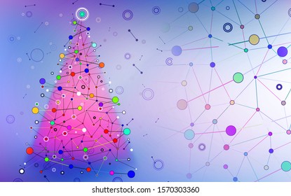 Christmas background with christmas tree made with style by molecular structure in blue color with different connection between each other.