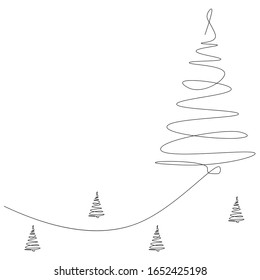 Christmas Background With Tree One Line Drawing, Vector Illustration