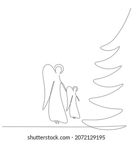Christmas background with tree, one line drawing, vector illustration