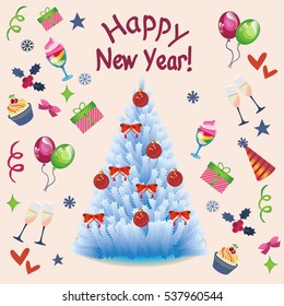 Christmas background: Christmas tree, presents, champagne, balloons, cupcakes, bows