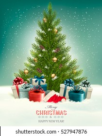  Christmas background with a Christmas tree and presents with santa hat. Vector.