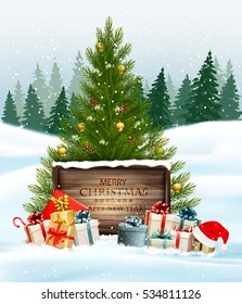 Fondo de Navidad con un árbol de Navidad y regalos con sombrero de santa. Vector.