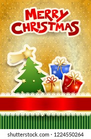 Christmas background with tree, presents and text. Vector illustration eps10