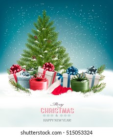 Christmas background with a christmas tree and presents. Vector.