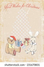 Christmas background, Christmas tree, rabbit, Teddy bear. vector illustration.