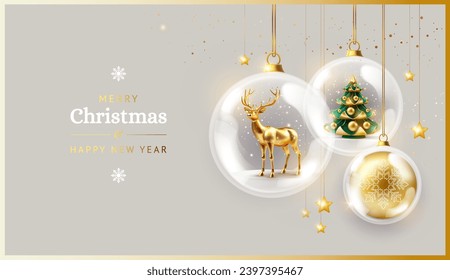 Fondo de Navidad con árbol de Navidad, reno en brillantes bolas de vidrio con nieve dentro cuelgan de la cuerda. Excelente para la tarjeta de saludo navideña, afiche, banners de venta ilustraciones vectoriales de colores plateados y dorados