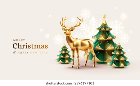 Christmas background. Christmas tree and reindeer, snowflakes winter Xmas background in gold color. Happy New Year. Vector illustration