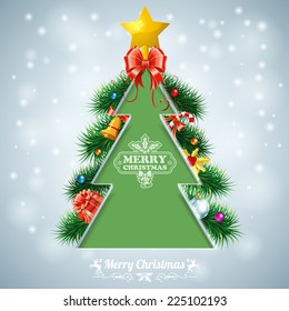 Christmas Background with Tree and Retro Label with Deer, vector background for design