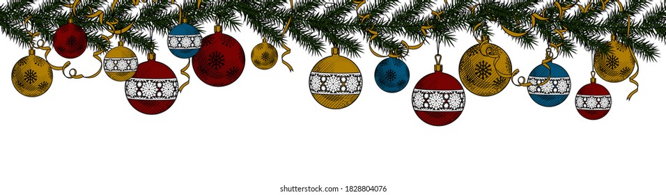 Christmas Background with Christmas tree with ribbons. New year decoration. Vintage engraving stylized drawing. Vector illustration
