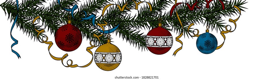 Christmas Background with Christmas tree with ribbons. New year decoration. Vintage engraving stylized drawing. Vector illustration