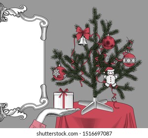 Christmas Background with Christmas tree with ribbons. Christmas tree with ribbons and retro banner. Vintage engraving stylized drawing. Vector illustration