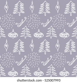 Christmas background. Christmas tree, sleigh.  Illustration for a  wrapping paper,  wallpaper.    Seamless vector pattern.
