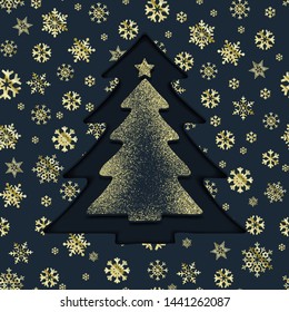 Christmas background with Christmas tree and snowflakes foil. Illustration for greeting card, banner, poster. Christmas pattern, packaging, Wallpaper, textiles. Vector background.