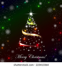 Christmas background with christmas tree, snowflakes and glitter, vector illustration