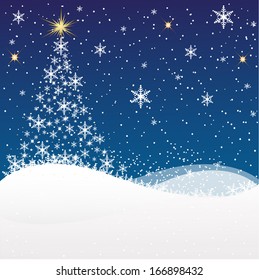 Christmas background with Christmas tree of snowflakes on a blue background vector