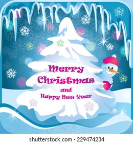 Christmas background with Christmas tree and snowman