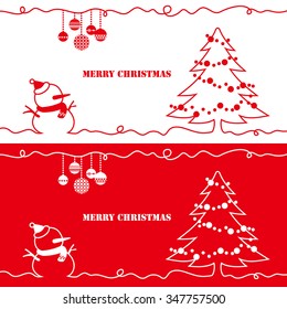 Christmas background with Christmas tree, snowman, ball